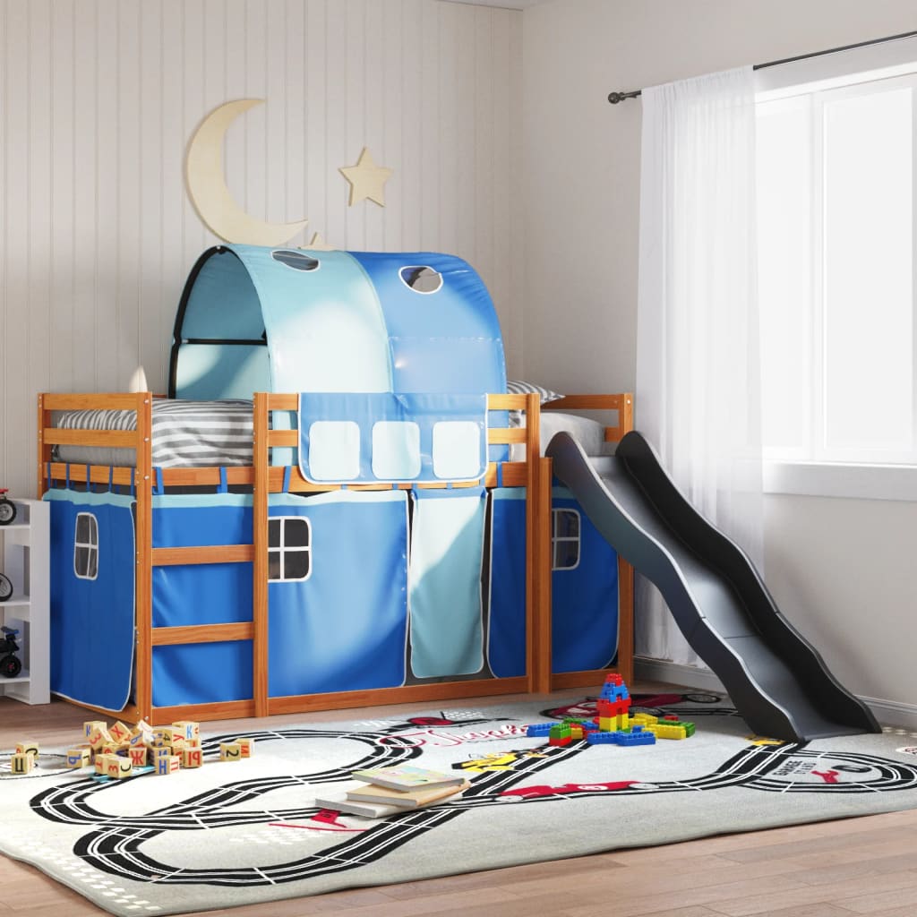 Stapelbed met glijbaan en gordijnen blauw 90x200 cm