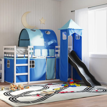 Stapelbed met glijbaan en gordijnen blauw 90x200 cm