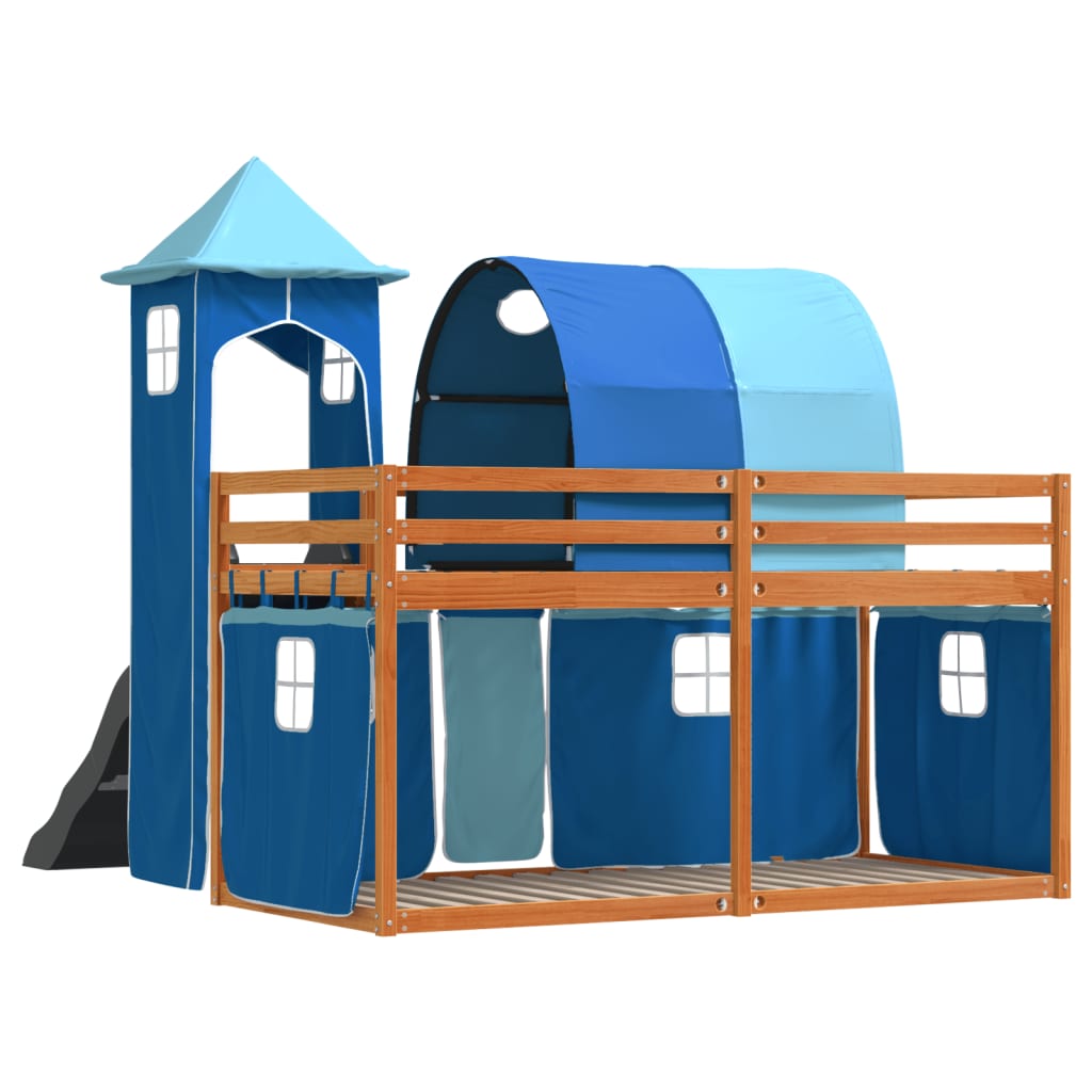 Stapelbed met glijbaan en gordijnen blauw 90x200 cm