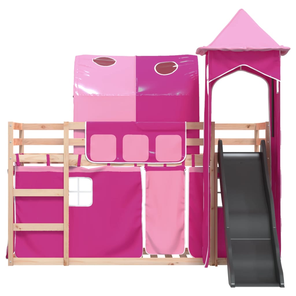 Stapelbed met glijbaan en gordijnen roze 90x190 cm