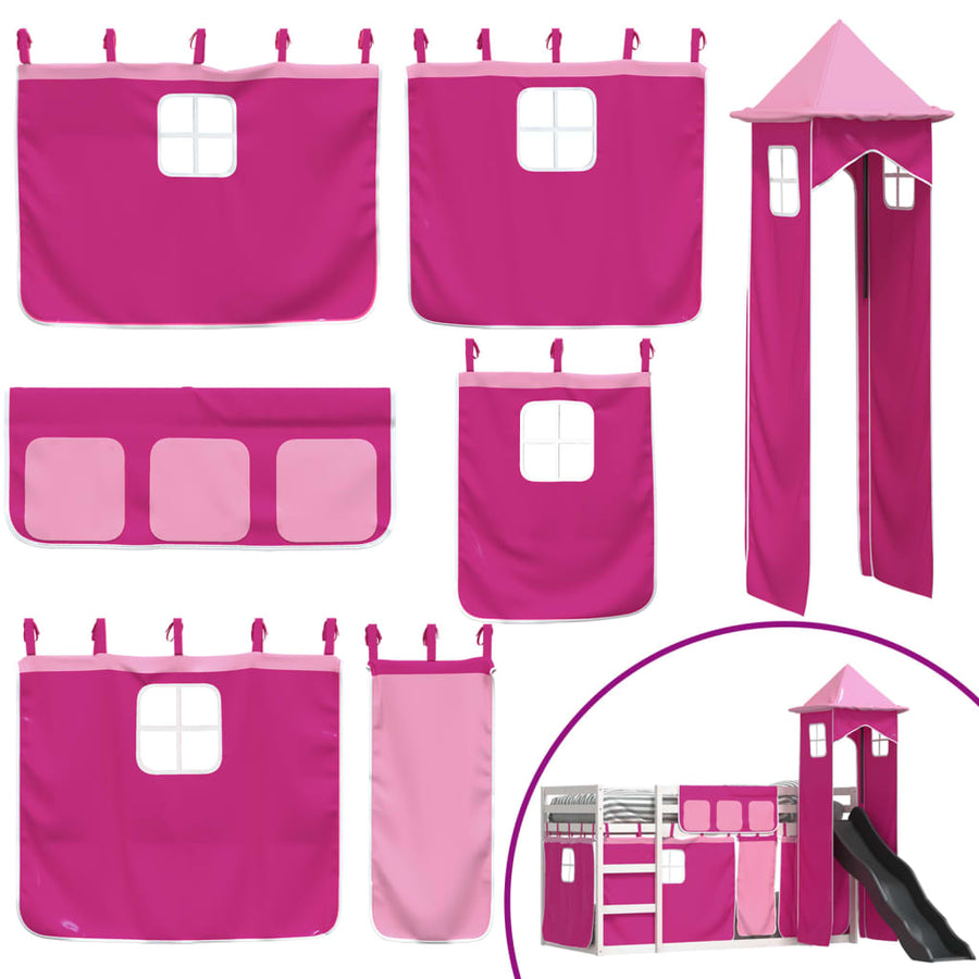 Stapelbed met glijbaan en gordijnen roze 90x200 cm