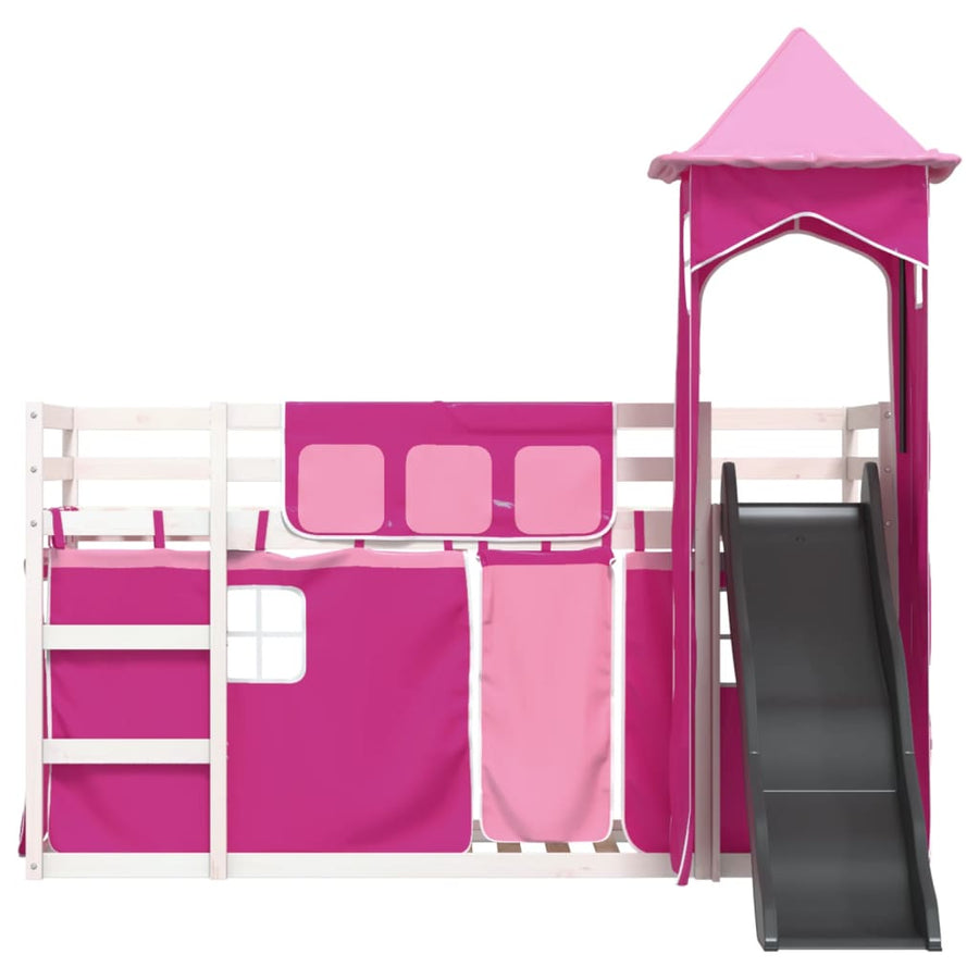 Stapelbed met glijbaan en gordijnen roze 90x200 cm