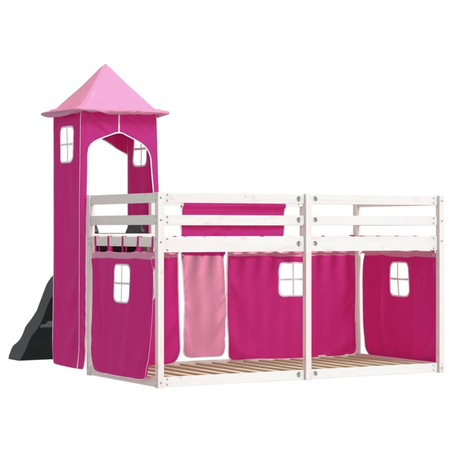 Stapelbed met glijbaan en gordijnen roze 90x200 cm