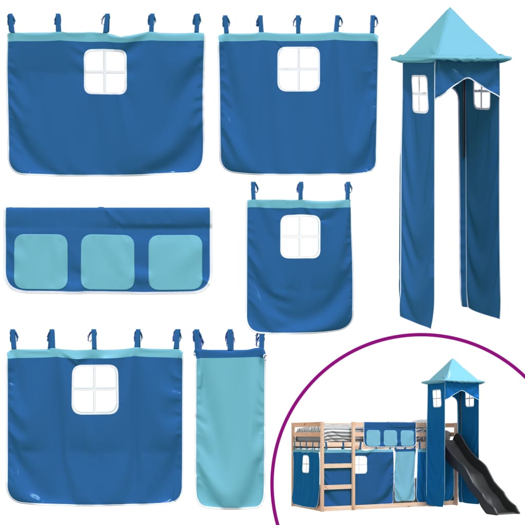 Stapelbed met glijbaan en gordijnen blauw 90x190 cm