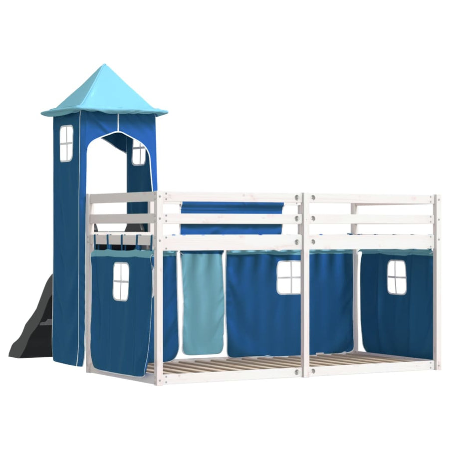 Stapelbed met glijbaan en gordijnen blauw 90x190 cm