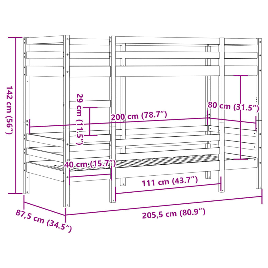 Stapelbed massief grenenhout 80x200 cm