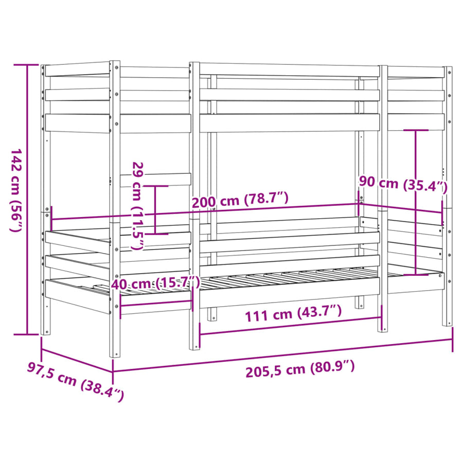 Stapelbed massief grenenhout 90x200 cm
