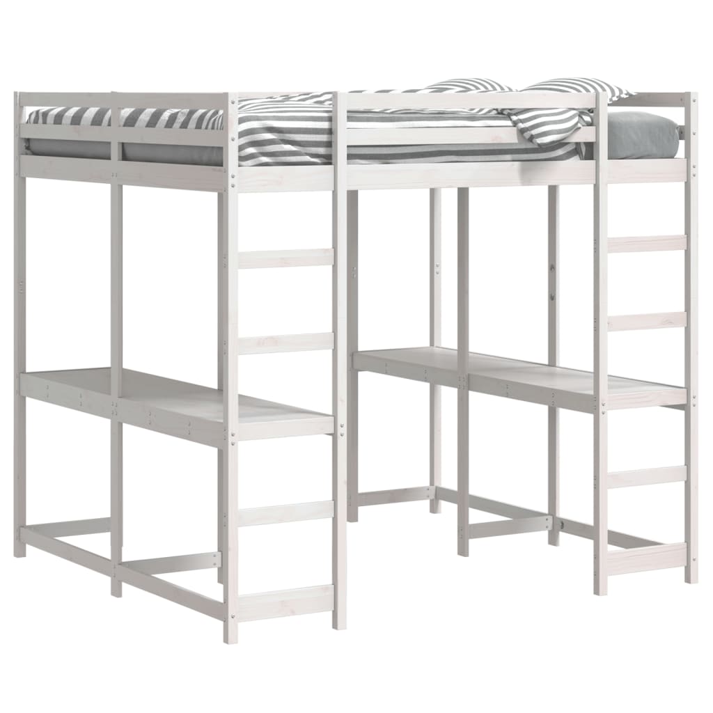Hoogslaper met bureau en ladder grenenhout wit 200x200 cm