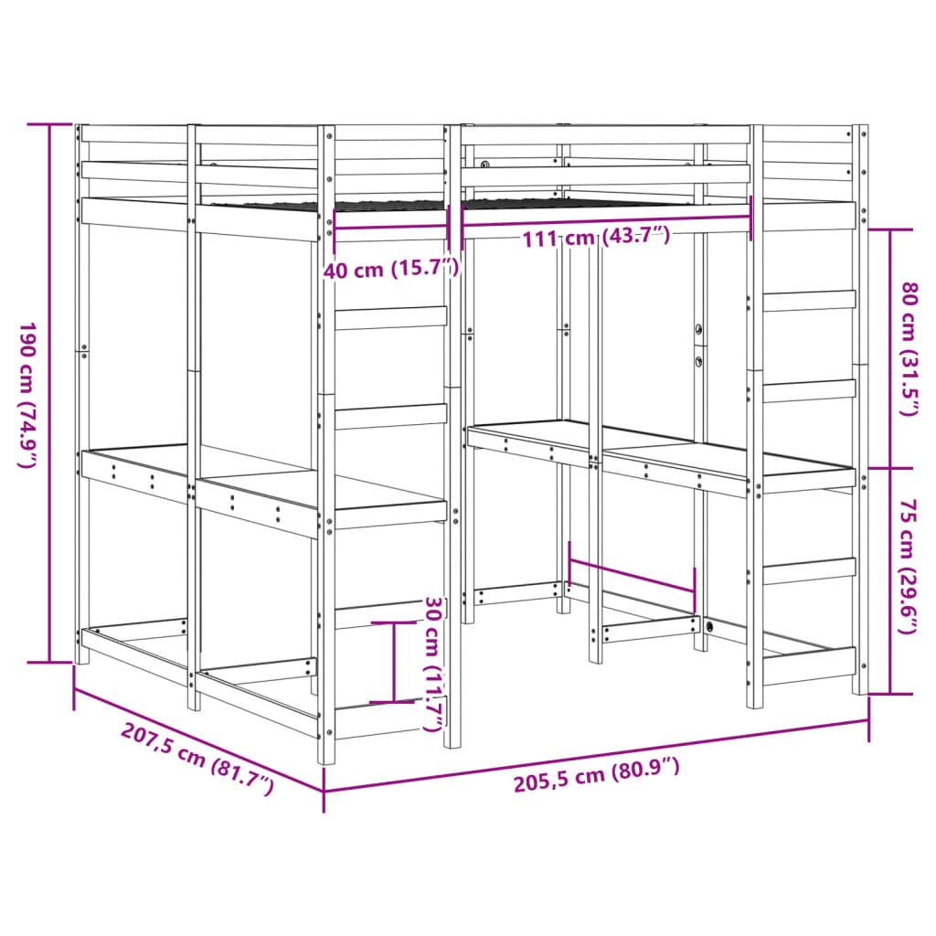 Hoogslaper met bureau en ladder grenenhout wit 200x200 cm
