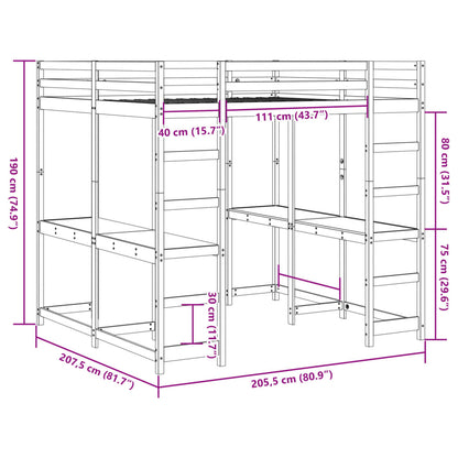 Hoogslaper met bureau en ladder grenenhout wit 200x200 cm