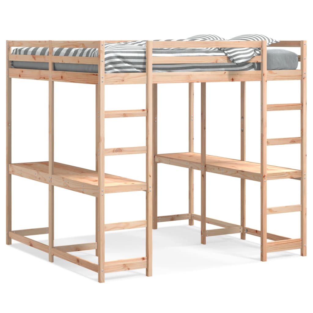 Hoogslaper Met Bureau En Ladder Massief Grenenhout 160 x 200 cm Naturel