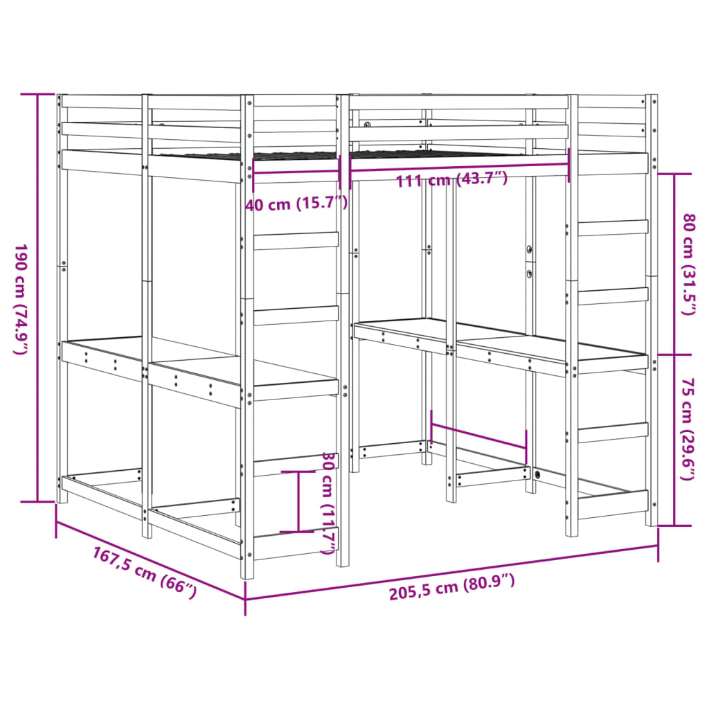 Hoogslaper Met Bureau En Ladder Grenenhout 160 x 200 cm Wit