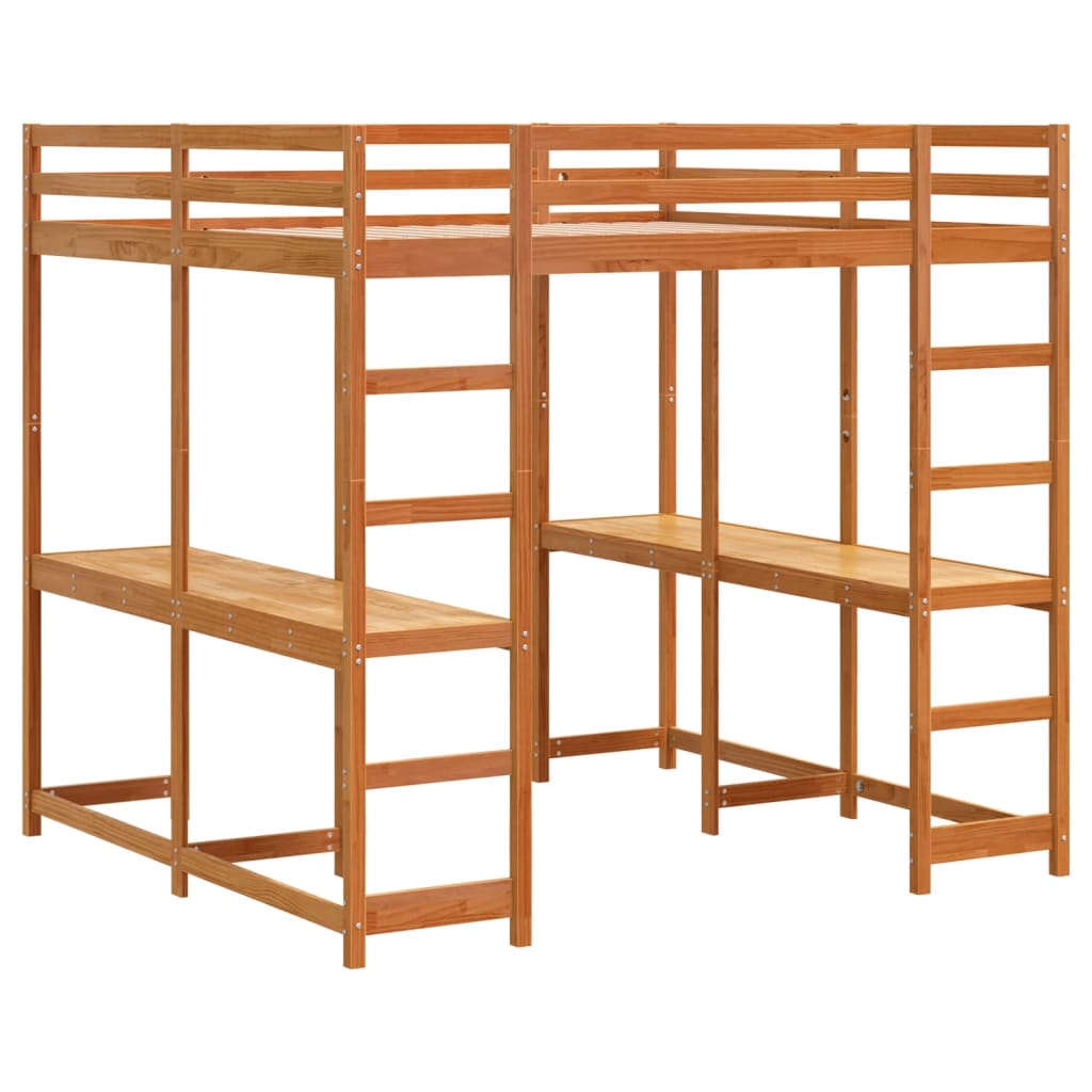 Hoogslaper met bureau en ladder grenenhout wasbruin 160x200 cm