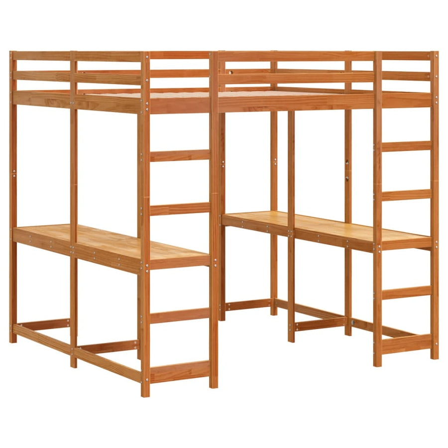 Hoogslaper met bureau en ladder grenenhout wasbruin 160x200 cm