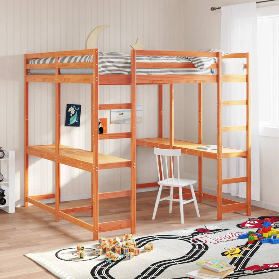 Hoogslaper met bureau en ladder grenenhout wasbruin 160x200 cm