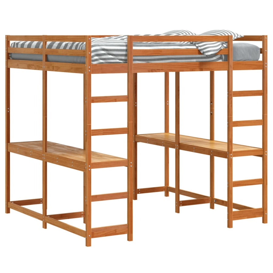 Hoogslaper met bureau en ladder grenenhout wasbruin 160x200 cm