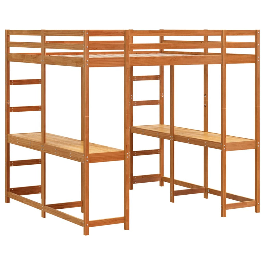 Hoogslaper met bureau en ladder grenenhout wasbruin 160x200 cm