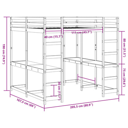 Hoogslaper met bureau en ladder grenenhout wasbruin 160x200 cm
