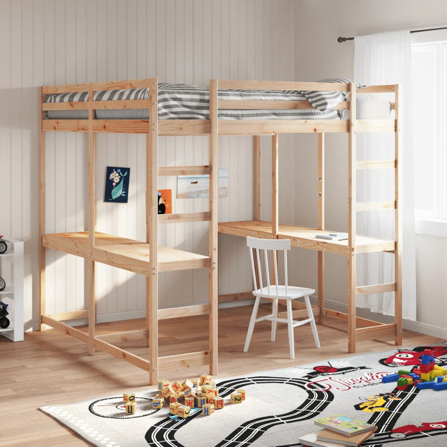 Hoogslaper met bureau en ladder massief grenenhout 140x200 cm
