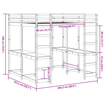 Hoogslaper met bureau en ladder massief grenenhout 140x200 cm