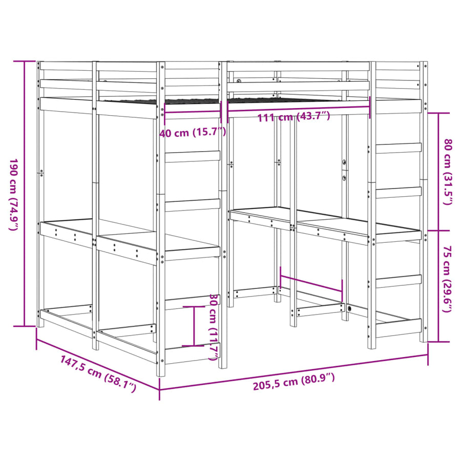 Hoogslaper met bureau en ladder massief grenenhout 140x200 cm