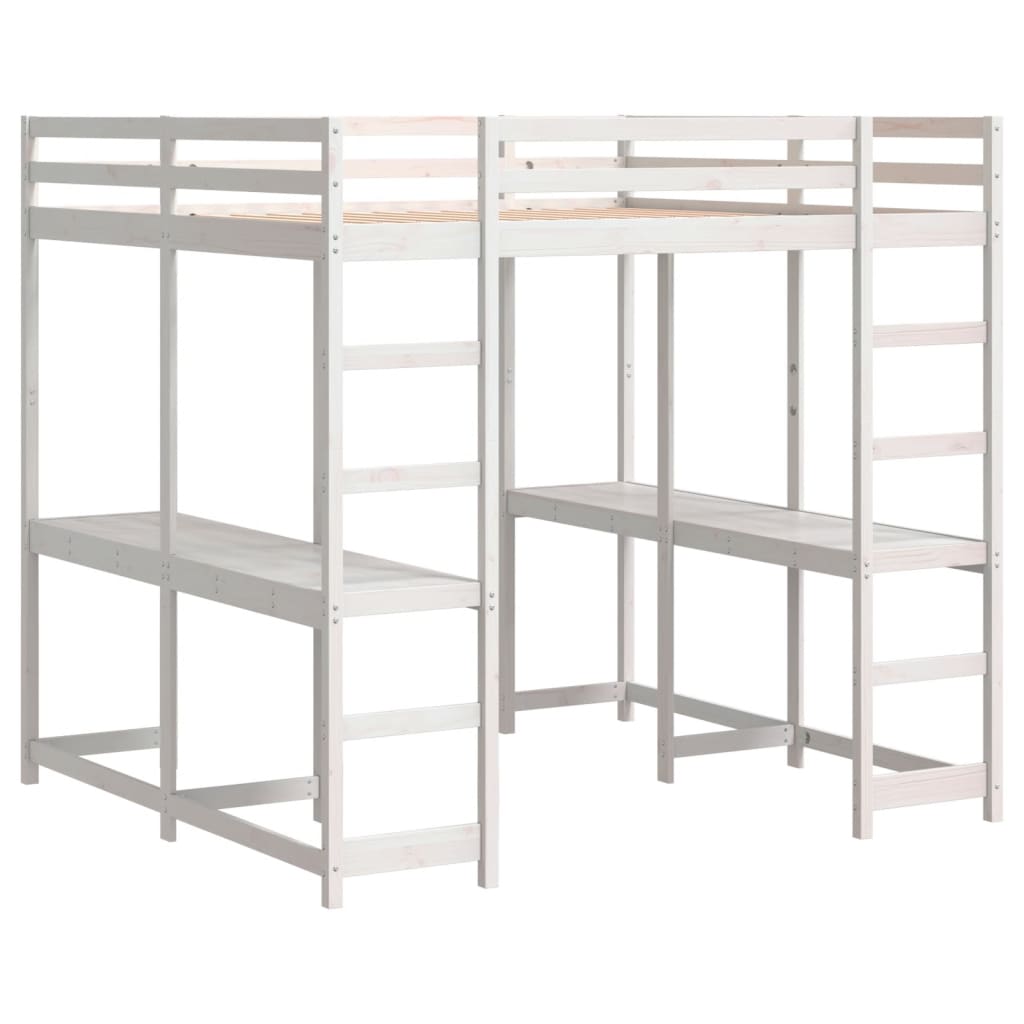 Hoogslaper met bureau en ladder grenenhout wit 140x200 cm