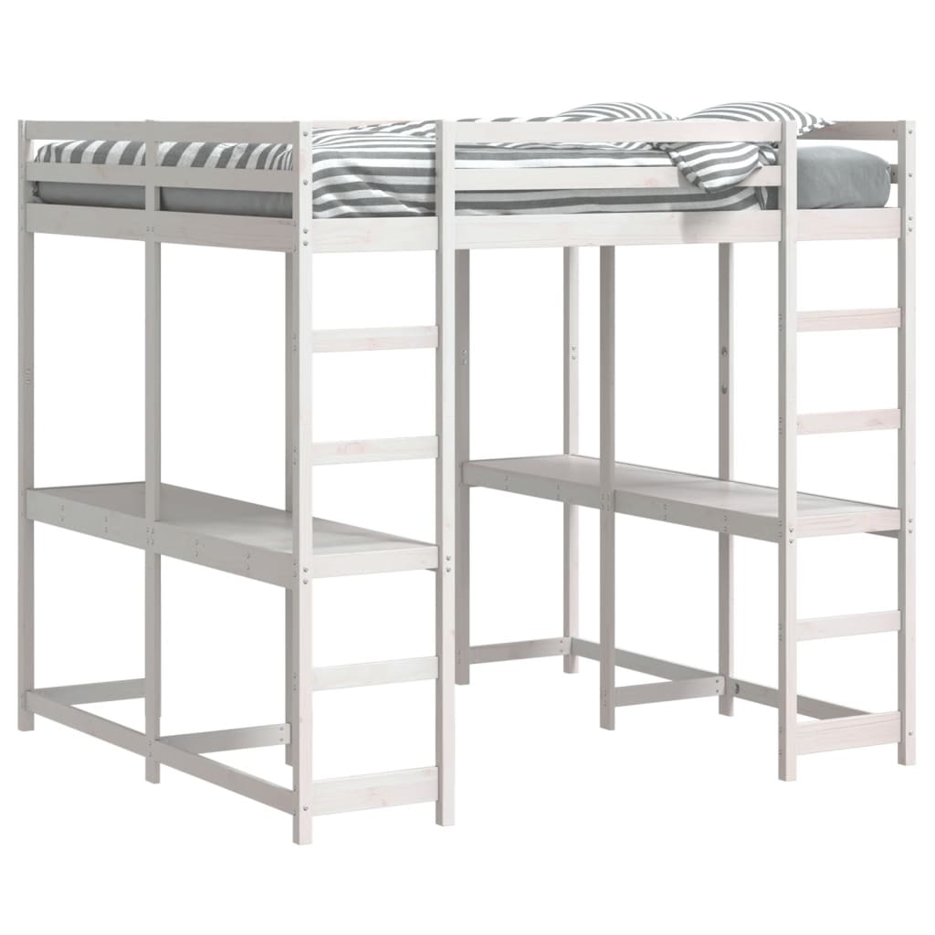 Hoogslaper met bureau en ladder grenenhout wit 140x200 cm