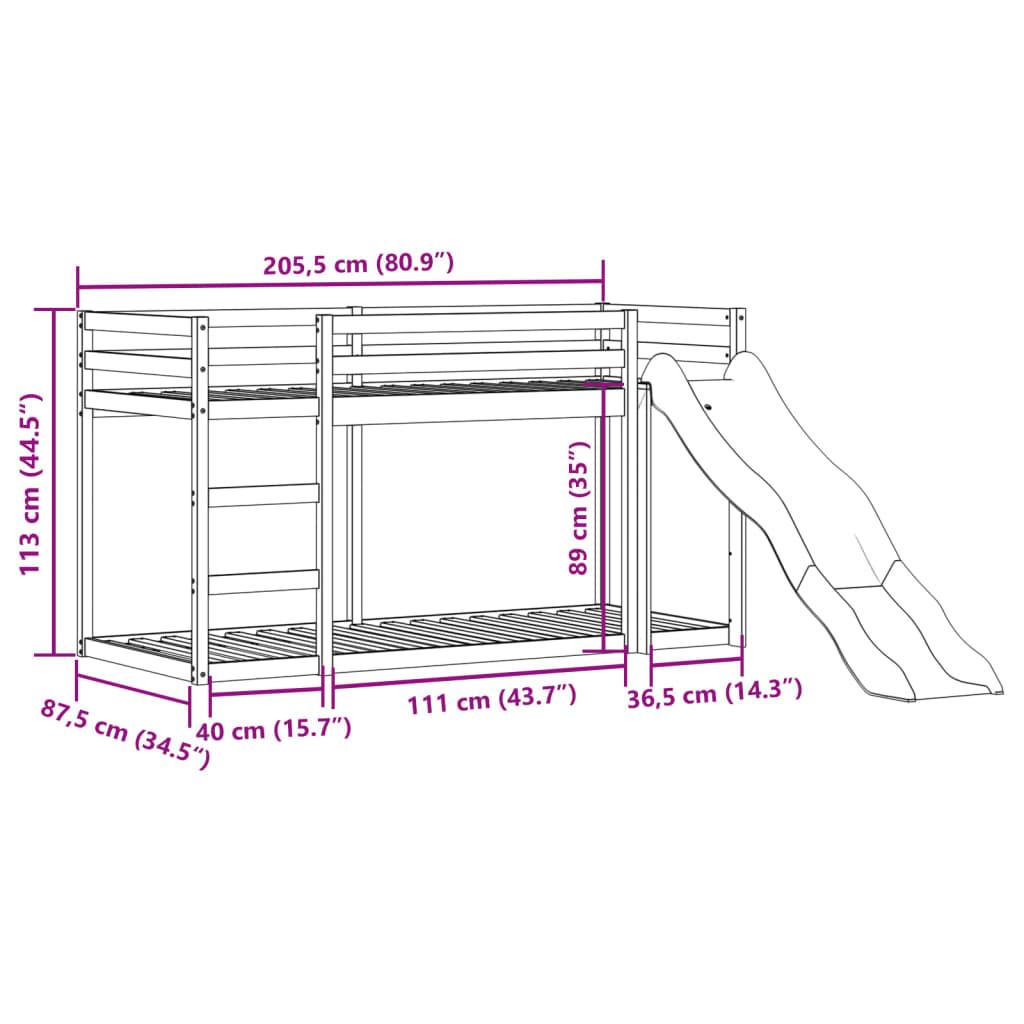Stapelbed met glijbaan en ladder massief grenenhout 80x200 cm