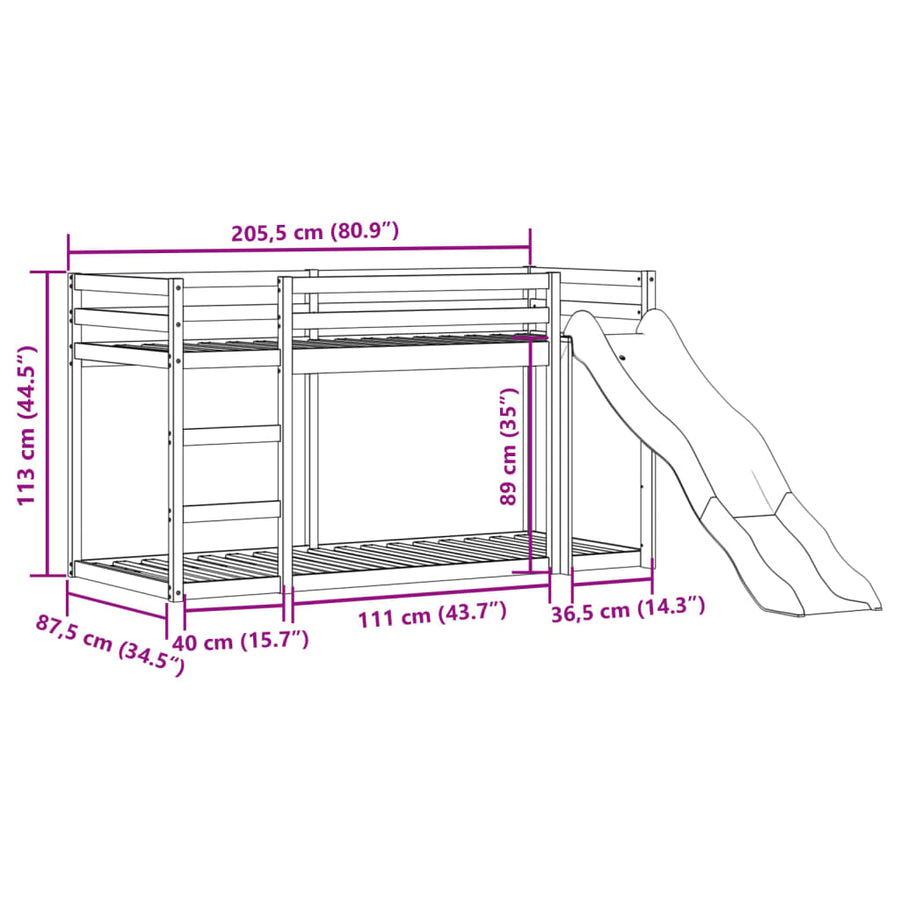 Stapelbed met glijbaan en ladder massief grenenhout 80x200 cm