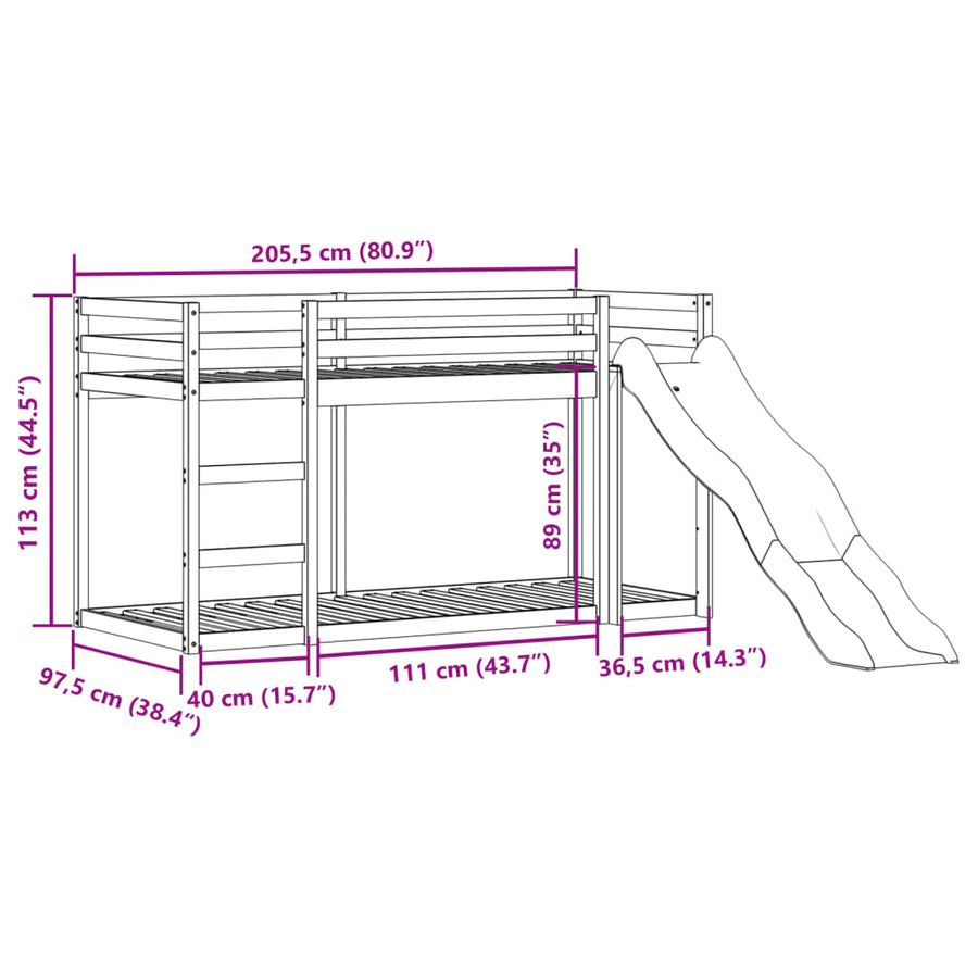Stapelbed met glijbaan en ladder grenenhout wit 90x200 cm