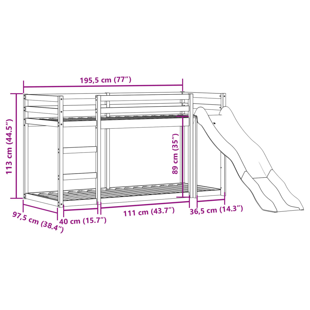 Stapelbed met glijbaan en ladder massief grenenhout 90x190 cm