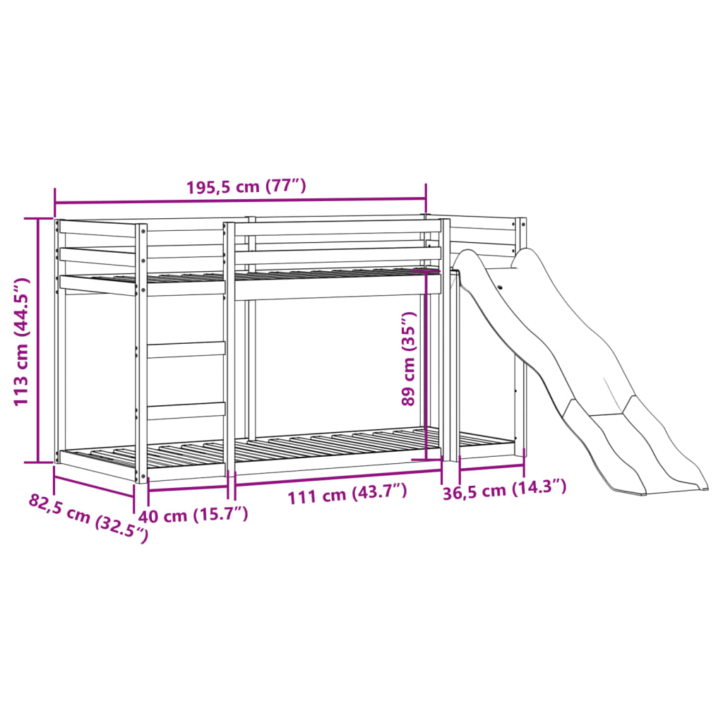 Stapelbed met glijbaan en ladder massief grenenhout 75x190 cm