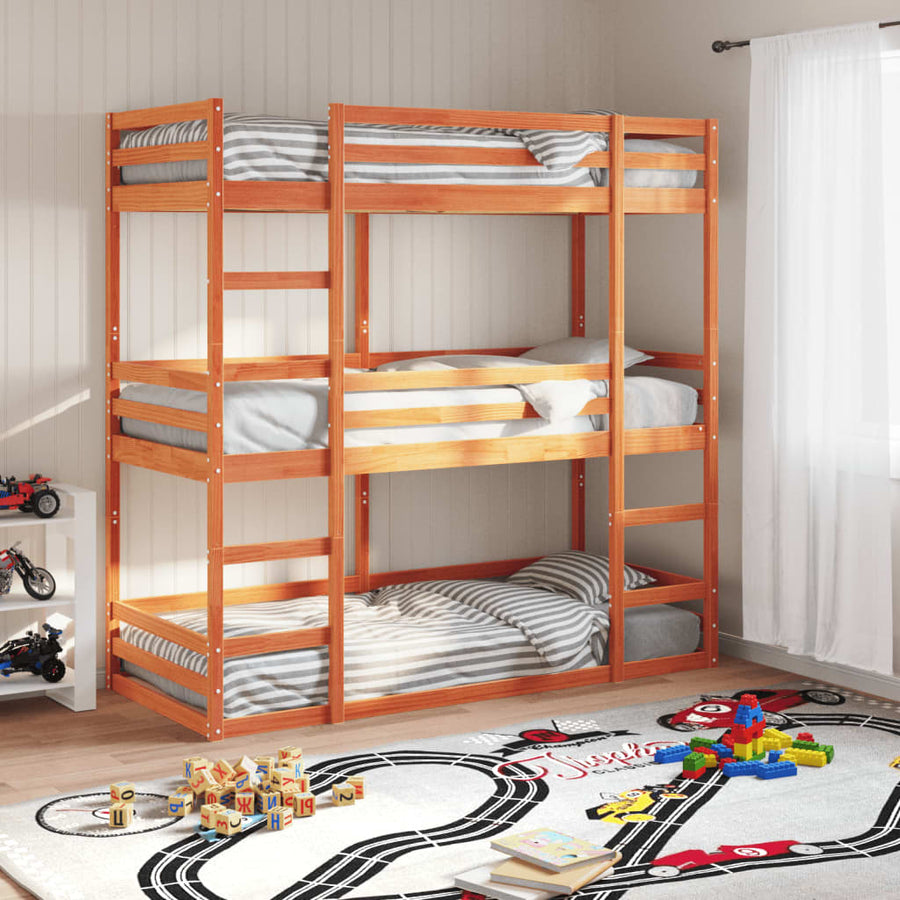 Stapelbed 3-persoons massief grenenhout wasbruin 80x200 cm
