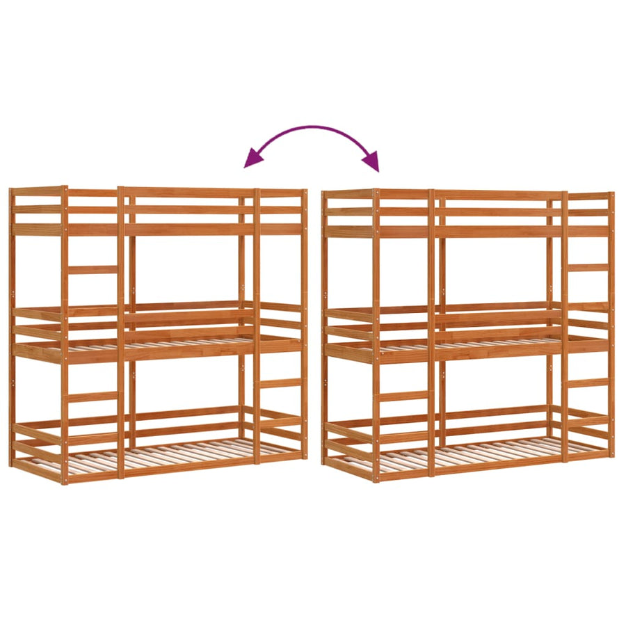 Stapelbed 3-persoons massief grenenhout wasbruin 80x200 cm