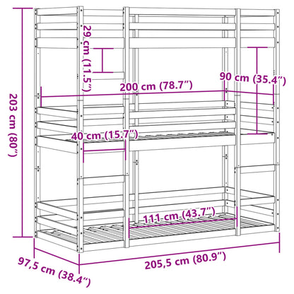 Stapelbed 3-persoons massief grenenhout wit 90x200 cm