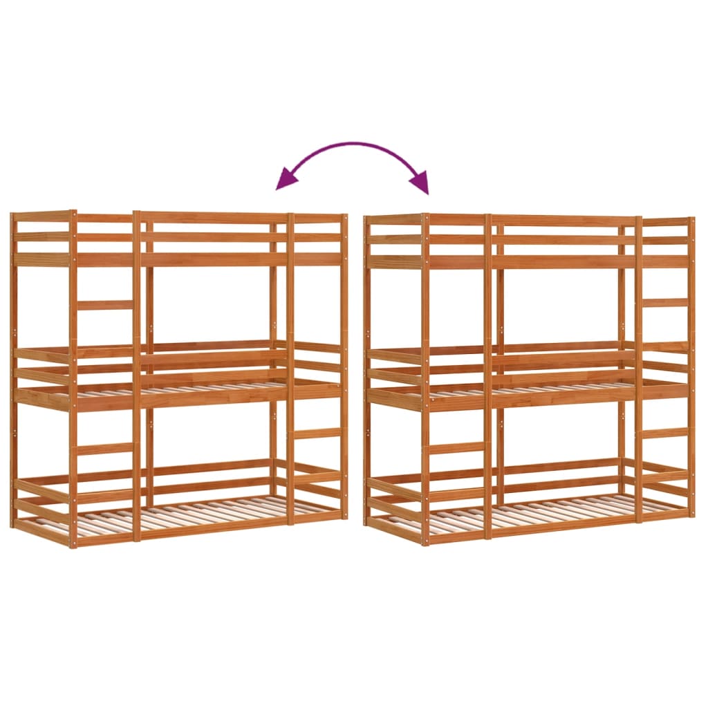 Stapelbed 3-persoons massief grenenhout wasbruin 90x200 cm