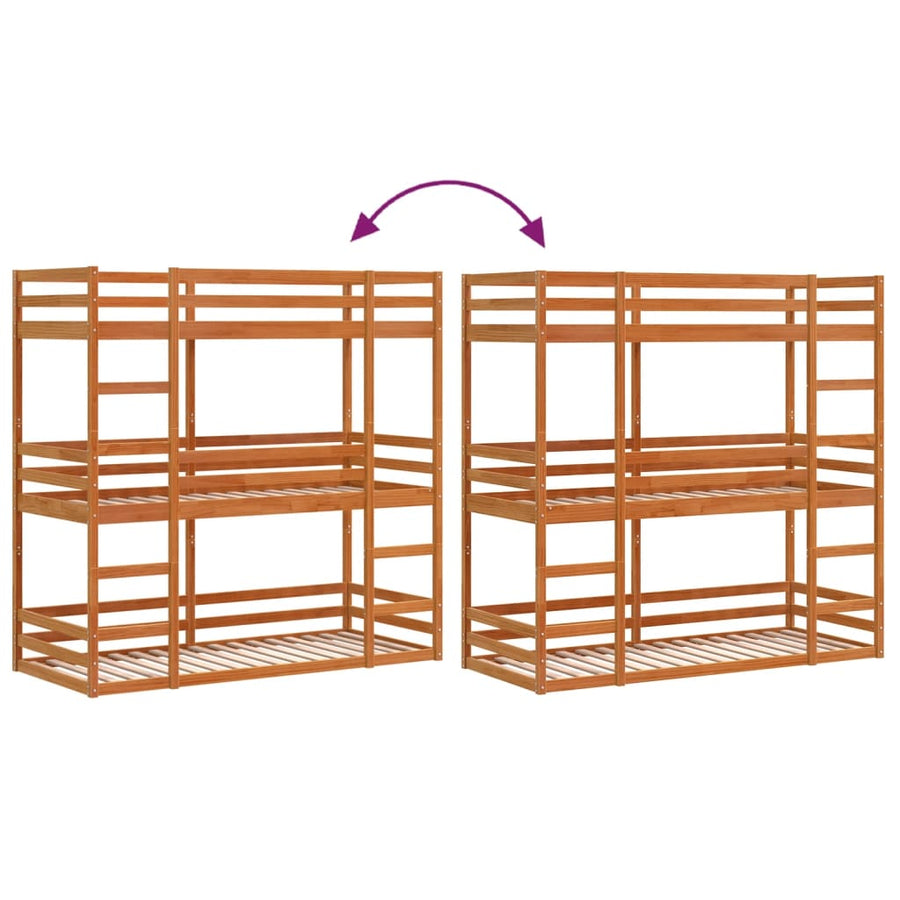 Stapelbed 3-persoons massief grenenhout wasbruin 90x200 cm