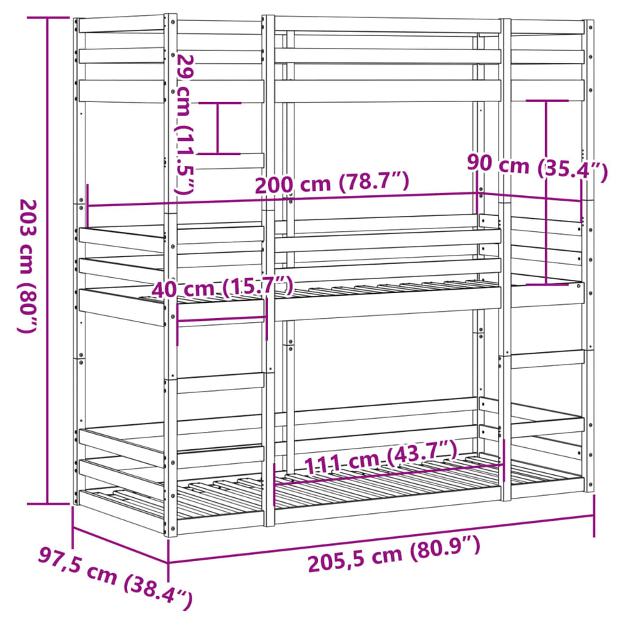 Stapelbed 3-persoons massief grenenhout wasbruin 90x200 cm