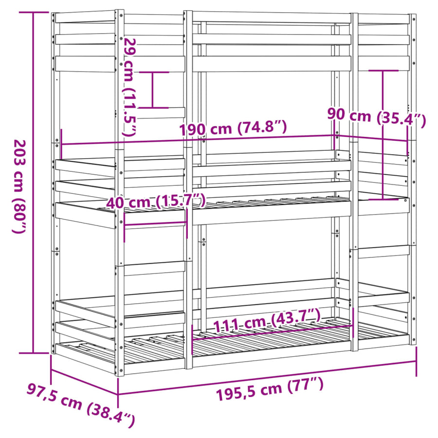 Stapelbed 3-persoons massief grenenhout wit 90x190 cm