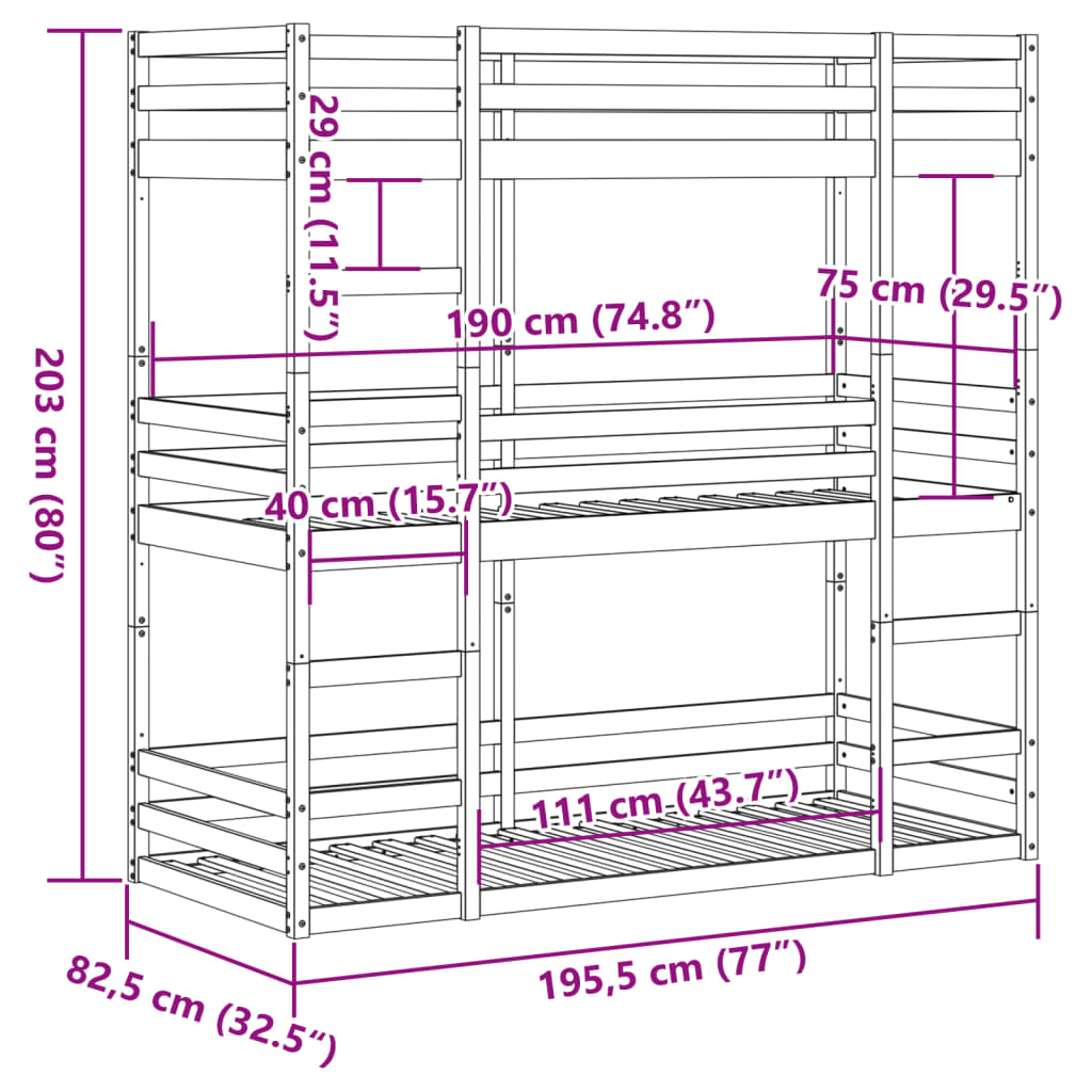 Stapelbed 3-persoons massief grenenhout wit 75x190 cm