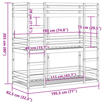 Stapelbed 3-persoons massief grenenhout wit 75x190 cm