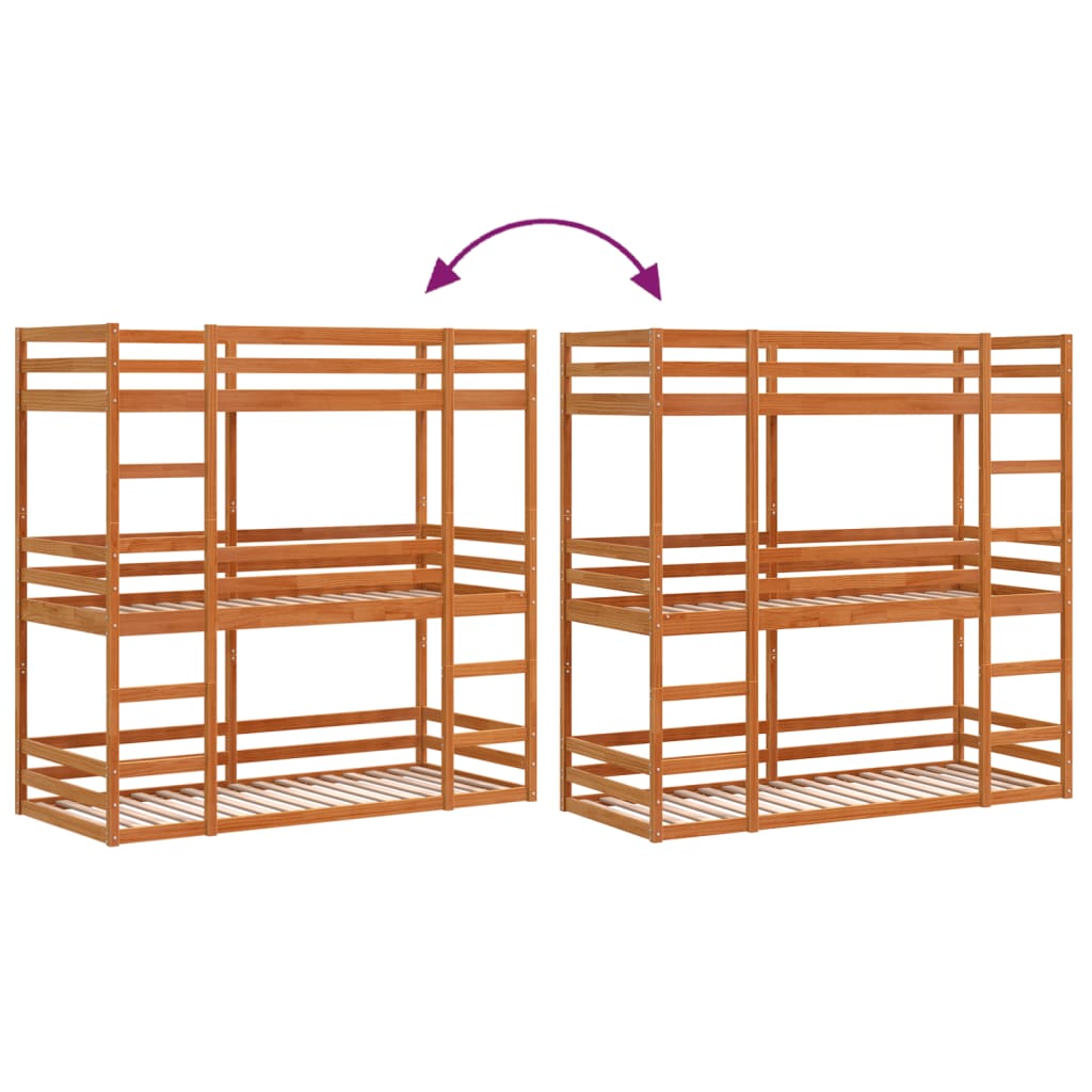 Stapelbed 3-persoons massief grenenhout wasbruin 75x190 cm