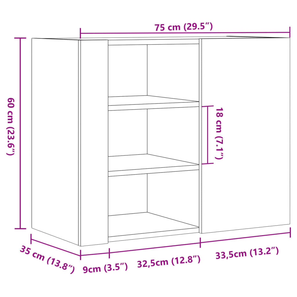 Wandkast 75x35x60 cm bewerkt hout bruin eikenkleurig
