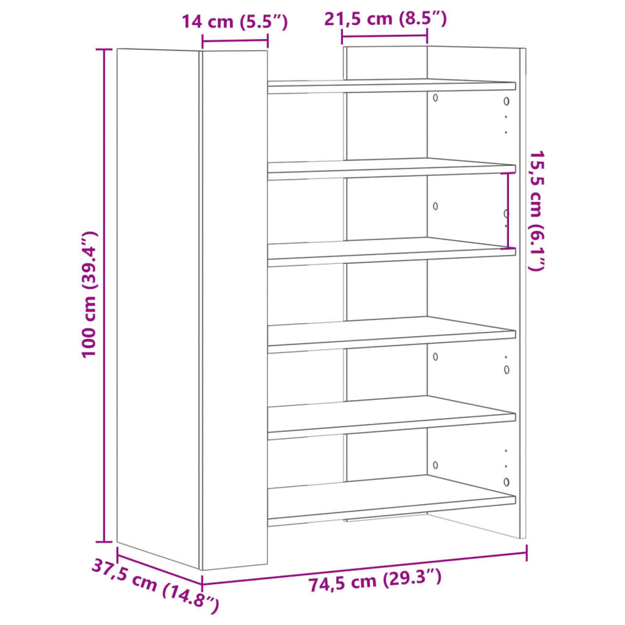 Schoenenkast 74,5x37,5x100 cm bewerkt hout gerookt eikenkleurig