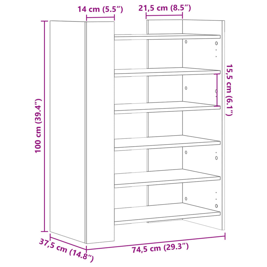 Schoenenkast 74,5x37,5x100 cm bewerkt hout bruin eikenkleurig