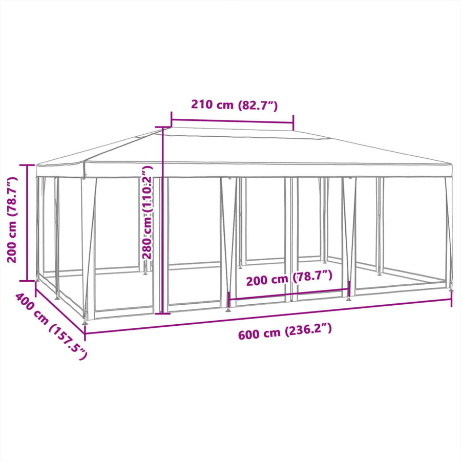 Partytent met 10 mesh zijwanden 6x4 m HDPE antracietkleurig