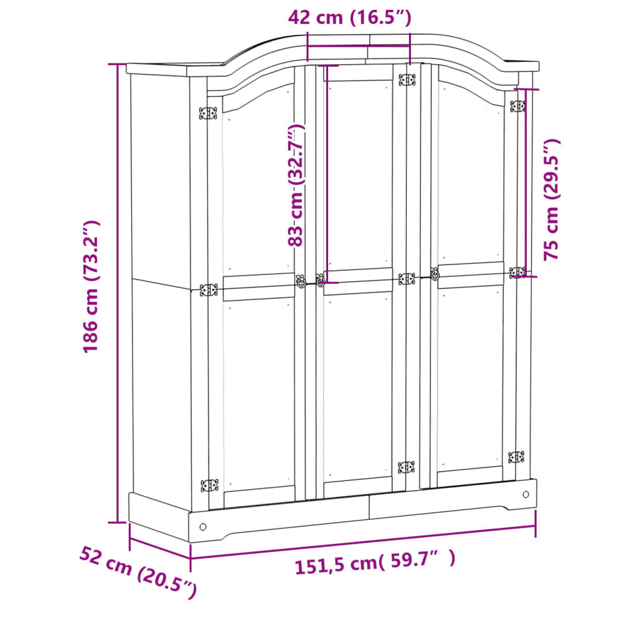 Kledingkast Corona wit 151,5x52x186 cm massief grenenhout