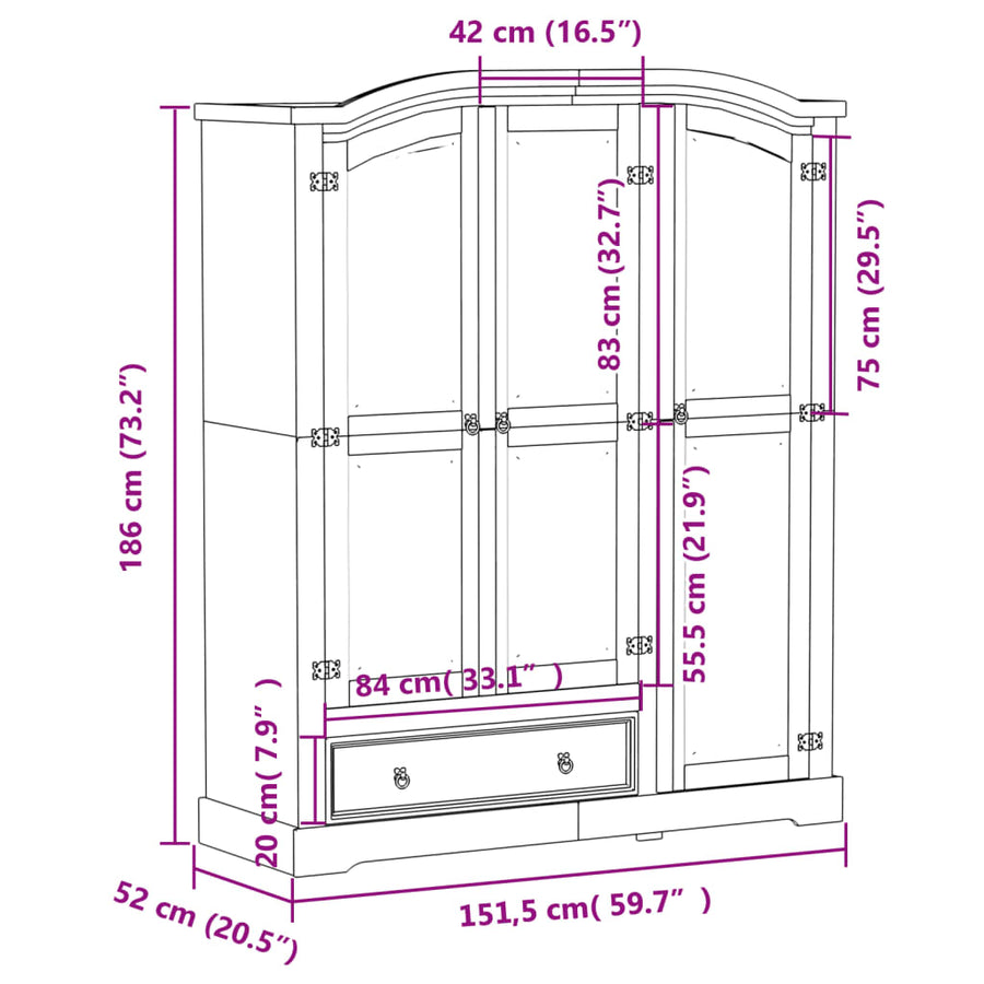 Kledingkast Corona 151,5X52X186 Cm Massief Grenenhout Wit
