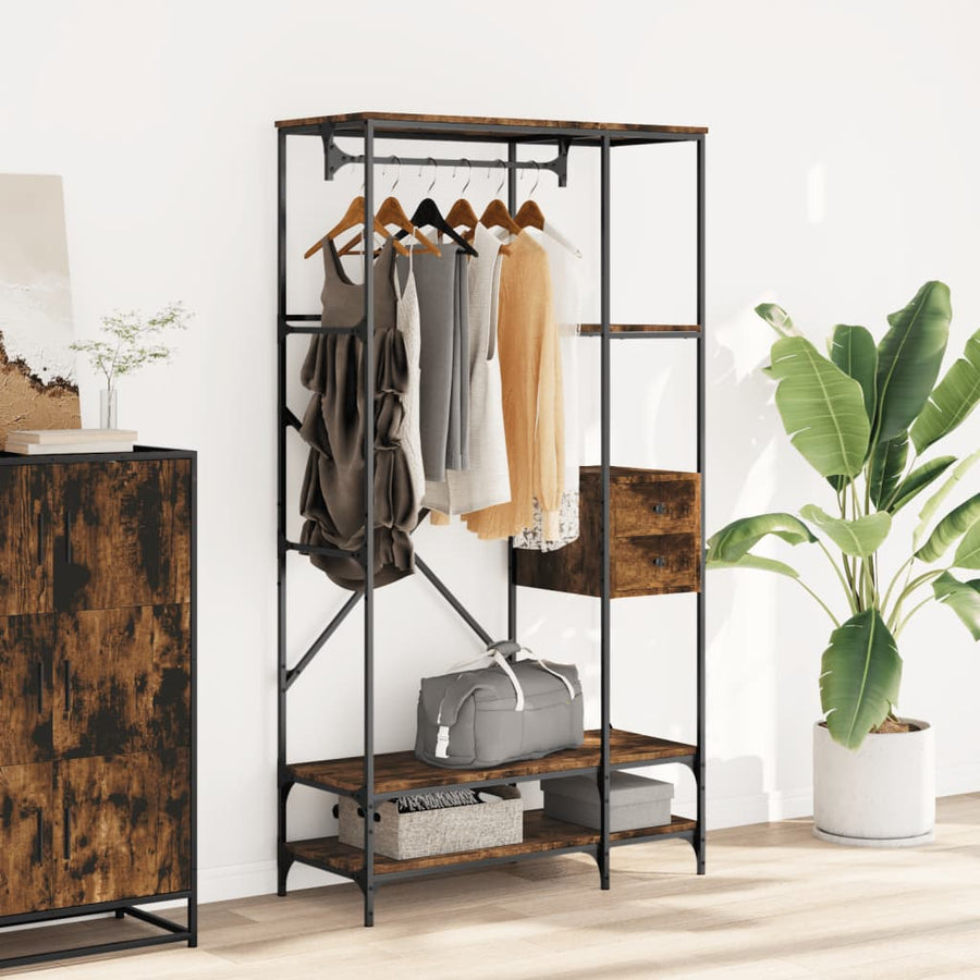 Kledingrek met schappen bewerkt hout gerookt eikenkleurig