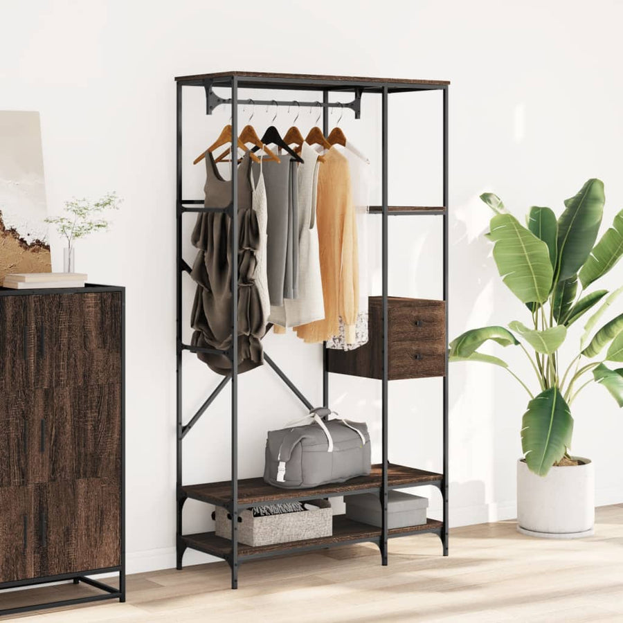 Kledingrek met schappen bewerkt hout bruin eikenkleur